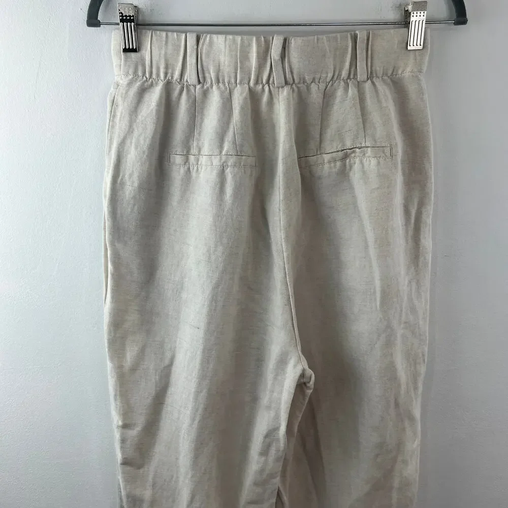 H&M Beige Dress Pants Linen Blend High-Rise Straight Leg Formal Size 6